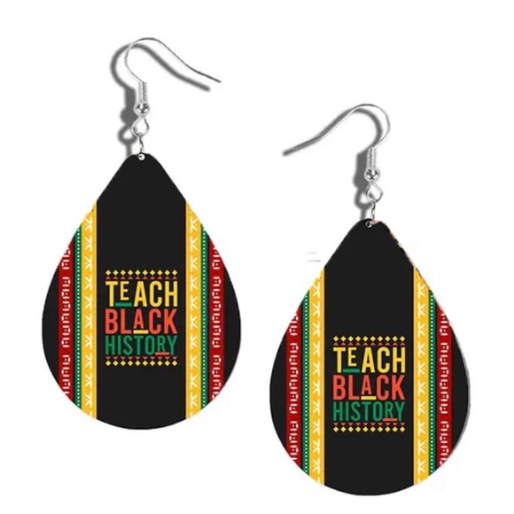 Teach Black History water drop wooden dangle earrings; new in package - Picture 2 of 2